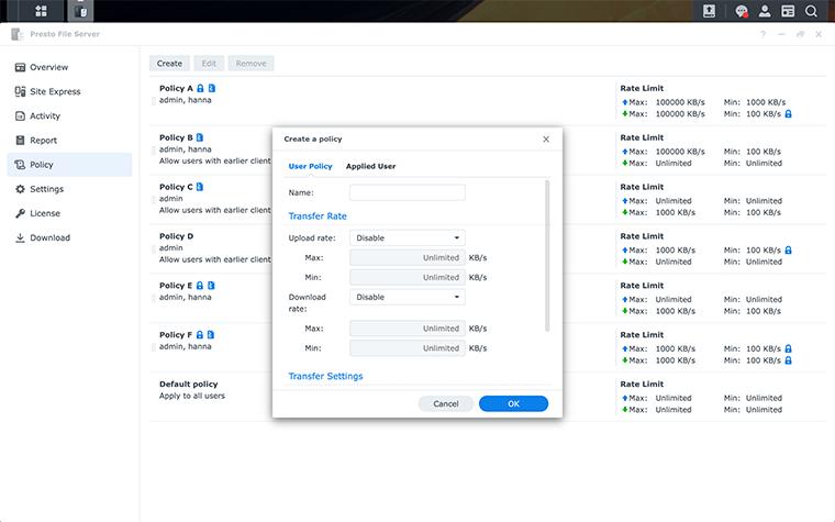 Centralized transfer policy management