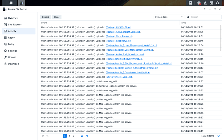Detailed activity logs